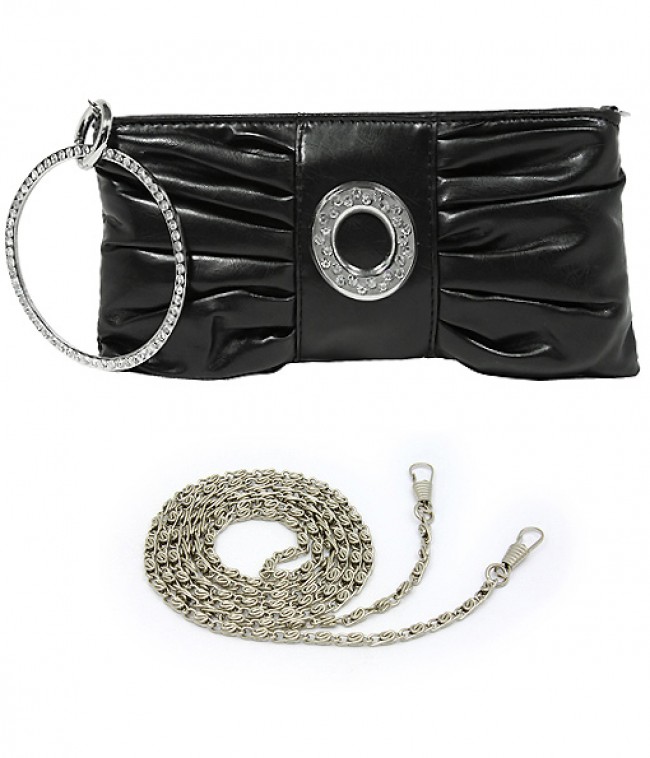 Evening Bag - Pleated PU Leather w/ Rhinestone Loop Wristlet – Black – BG-7070M-BK